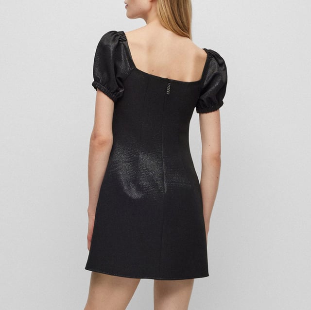 Women's Hugo Boss Kuleve Square-Neck Dress. A slim-fitting dress by HUGO Womenswear, designed in glitter-effect stretch fabric with puff sleeves and a square neckline.- Slim fit.- Zip closure.- Short sleeves.- Elasticized cuffs.- No vent.- Fully lined. Material: 44% Polyester, 42% Viscose, 12% Metal Fibre, 2% Elastane. Ref: 50501536001.