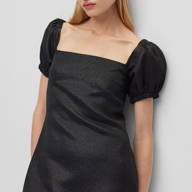 Women's Hugo Boss Kuleve Square-Neck Dress. A slim-fitting dress by HUGO Womenswear, designed in glitter-effect stretch fabric with puff sleeves and a square neckline.- Slim fit.- Zip closure.- Short sleeves.- Elasticized cuffs.- No vent.- Fully lined. Material: 44% Polyester, 42% Viscose, 12% Metal Fibre, 2% Elastane. Ref: 50501536001.