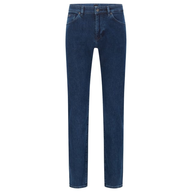 Men's Boss Maine3 Regular-Fit Jeans. In a bolder blue tone, these jeans are a comfy casual must for your wardrobe. Cut to a regular fit and crafted from high-quality Italian Denim, these cotton rich jeans will see you right. Pair with a timeless boss belt, shirt, polo... the choice is truly yours! These jeans are great addition to your casual attire.- Regular Fit.- Branded Trims and Hardware.- Classic blue hue. Material: 98% Cotton, 2% Elastane. Ref: 50401693433.