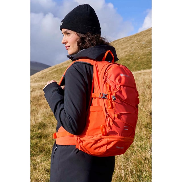 Mountain Warehouse Pace 20L Backpack (Bright Orange) Height: 48cm. Length: 30cm. Width: 23cm. Capacity: 20L. Adjustable Chest Strap, Airflow Back System, Bungee Straps, Compression Straps, Detachable Rain Cover, Hydration Bladder Compatible, Padded Hip Belt, Walking Pole Holders. Compartments: Bottle Holder, Bottom Compartment, Multiple Compartments. Please Note: Hydration Bladder Not Included. Design: Logo, Text.
