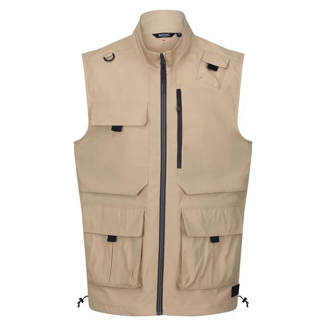 100% Polyester. Fabric: Stretch. Design: Plain. Fabric Technology: DWR Finish, Isoflex, Quick Dry. D-Ring, Packaway. Sleeve-Type: Sleeveless. Neckline: Standing Collar. Pockets: 2 Chest Pockets, Zip, 2 Lower Pockets, Patch, Touch Fastening. Fastening: Full Zip. Hem: Drawcord. Sustainability: Made from Recycled Materials. S: 38 in. M: 40 in. L: 42 in. XL: 44 in. XXL: 48 in. 3XL: 51 in.