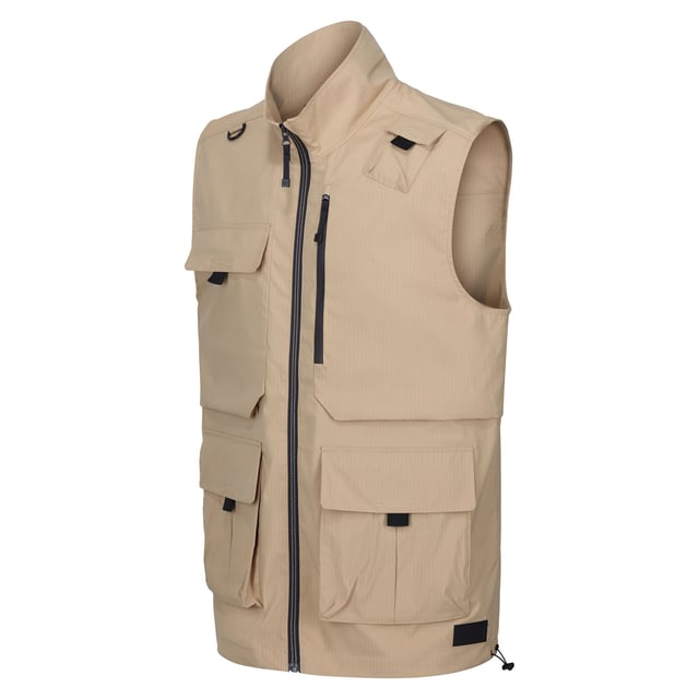 100% Polyester. Fabric: Stretch. Design: Plain. Fabric Technology: DWR Finish, Isoflex, Quick Dry. D-Ring, Packaway. Sleeve-Type: Sleeveless. Neckline: Standing Collar. Pockets: 2 Chest Pockets, Zip, 2 Lower Pockets, Patch, Touch Fastening. Fastening: Full Zip. Hem: Drawcord. Sustainability: Made from Recycled Materials. S: 38 in. M: 40 in. L: 42 in. XL: 44 in. XXL: 48 in. 3XL: 51 in.