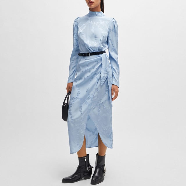 Women's Hugo Boss Kasera Dress. Feminine dress by HUGO Womenswear, crafted in fluent satin material with an all-over chain jacquard, a tie front and gatherings at the shoulders. This product is made with cellulose fibres, derived from natural raw wood material and sourced from responsibly managed forests.- Satin viscose fabric.- Regular fit.- Mock neck.- Long sleeves.- Asymmetric hem with front slit.- All-over chain jacquard pattern.- Unlined. Material: 100% Viscose. Ref: 50515220982.