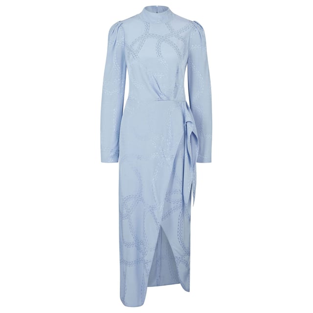 Women's Hugo Boss Kasera Dress. Feminine dress by HUGO Womenswear, crafted in fluent satin material with an all-over chain jacquard, a tie front and gatherings at the shoulders. This product is made with cellulose fibres, derived from natural raw wood material and sourced from responsibly managed forests.- Satin viscose fabric.- Regular fit.- Mock neck.- Long sleeves.- Asymmetric hem with front slit.- All-over chain jacquard pattern.- Unlined. Material: 100% Viscose. Ref: 50515220982.