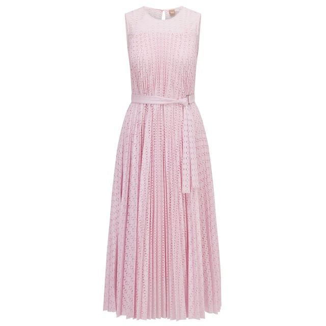 Women's Boss Deplica Dress. A contemporary dress in a straight fit by BOSS Womenswear. Featuring a D-ring belt for definition at the waist, this feminine dress is crafted in stretch lace with an intricate pattern. Cotton lining completes this piece.- Mid length.- Sleeveless design.- Off-white colourway.- Flared cut.- Crew neck.- Pleated.- Perforated design. Material: 92% Polyester, 8% Elastane. Ref: 50472469684.