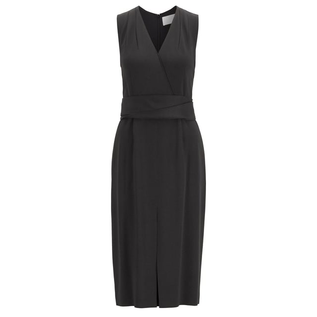 Women's Boss Dapaly Dress. The elegant Dapaly dress by Hugo Boss is crafted from Italian crepe with a matte finish and a lustrous reverse side. This sleeveless design features a softly shaped V neckline and pleating at the upper front, plus belt detailing at the waist and a back zip closure. Turn to this fluid piece for a feminine option with business-ready appeal that will work well for a number of smart occasions. Material: 70% Acetate, 30% Viscose. Ref: 50414433001.