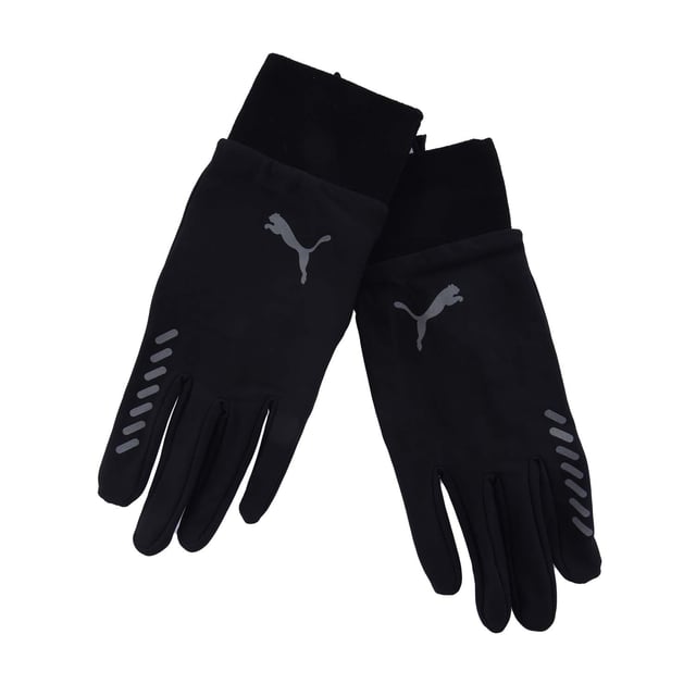 Puma Winter Gloves in black.- Soft  long wrist cuffs.- PUMA branding details.- Reflective decorative details.- Fingertips with smartphone function.- Silicone print on the inside of the palm indicates grip range.- Fleece lining.- 100% Cotton.- Ref: 4200401