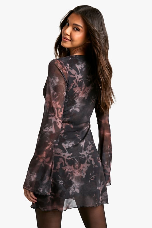 Printed Mesh Tie Front Flare Sleeve Mini Dress