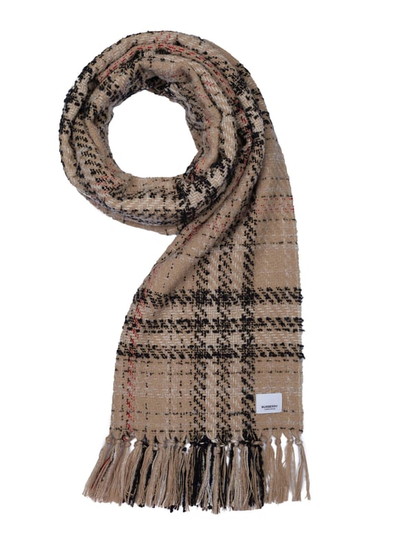 91% kasjmier, 6% zijde, 3% alpaca; Burberry kasjmier sjaal;  Model: 8059309;  Hoogwaardige afwerking;  Zachte mix van kasjmier, zijde en alpacawol;  franje rand;  Afmetingen (cm): 210 x 50;  Burberry-logodetails