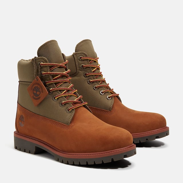 6-Inch Waterproof Boot crafted with a waterproof premium leather and canvas upper, this boot features a TimberDry™ waterproof membrane to keep your feet dry in any weather. The padded collar ensures comfort, while the anti-fatigue removable footbed provides all-day support. The durable rubber lug outsole offers excellent traction on various surfaces.