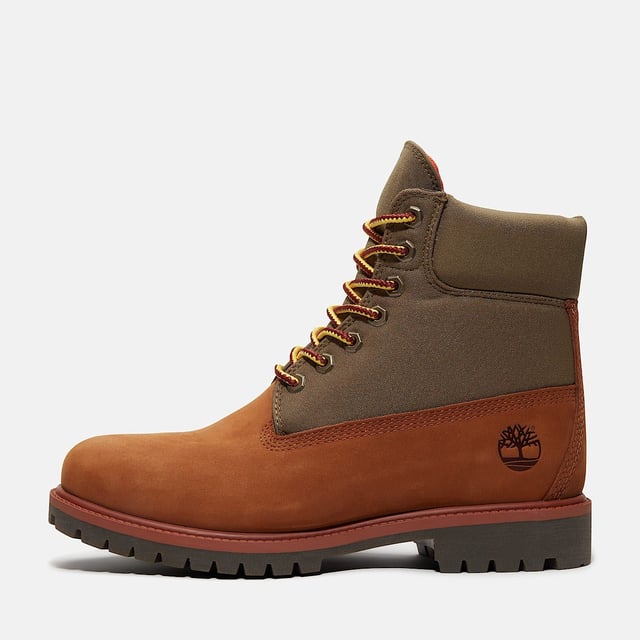 6-Inch Waterproof Boot crafted with a waterproof premium leather and canvas upper, this boot features a TimberDry™ waterproof membrane to keep your feet dry in any weather. The padded collar ensures comfort, while the anti-fatigue removable footbed provides all-day support. The durable rubber lug outsole offers excellent traction on various surfaces.