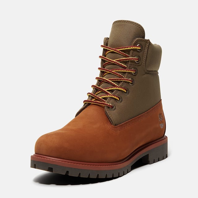 6-Inch Waterproof Boot crafted with a waterproof premium leather and canvas upper, this boot features a TimberDry™ waterproof membrane to keep your feet dry in any weather. The padded collar ensures comfort, while the anti-fatigue removable footbed provides all-day support. The durable rubber lug outsole offers excellent traction on various surfaces.