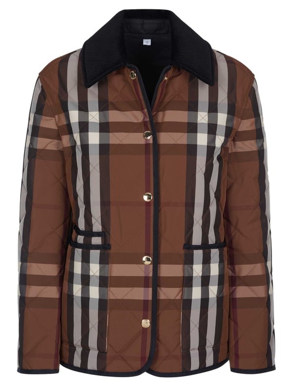 100% poliamida; Chaqueta Burberry Dranefeld;  Modelo: 8060487 1005;  Mano de obra de alta calidad;  Cuello Kent fabricado en pana;  Tapeta de botones con 5 broches a presión;  Tres bolsillos delanteros;  Acolchado con forro ligero;  Detalles del logotipo de Burberry