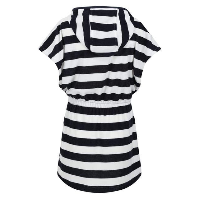 Regatta Childrens/Kids Bernessa Striped Towelling Poncho (Navy) Material: 100% Polyester. Fabric: Towelling. 220gsm. Design: Contrast Striped. Fabric Technology: Quick Dry. Elasticated Waist. Neckline: Hooded. Sleeve-Type: Cape Overlay. Hood Features: Grown On Hood, Stretch Binding. Sustainability: Made from Recycled Materials.