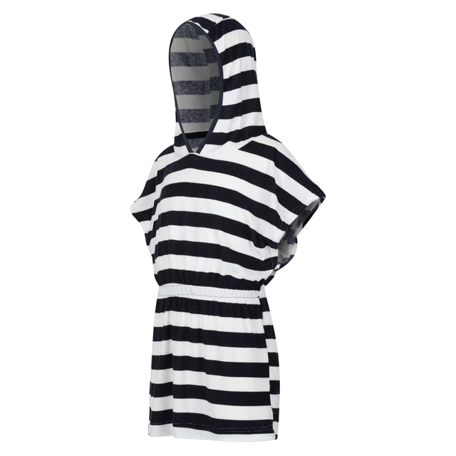 Regatta Childrens/Kids Bernessa Striped Towelling Poncho (Navy) Material: 100% Polyester. Fabric: Towelling. 220gsm. Design: Contrast Striped. Fabric Technology: Quick Dry. Elasticated Waist. Neckline: Hooded. Sleeve-Type: Cape Overlay. Hood Features: Grown On Hood, Stretch Binding. Sustainability: Made from Recycled Materials.
