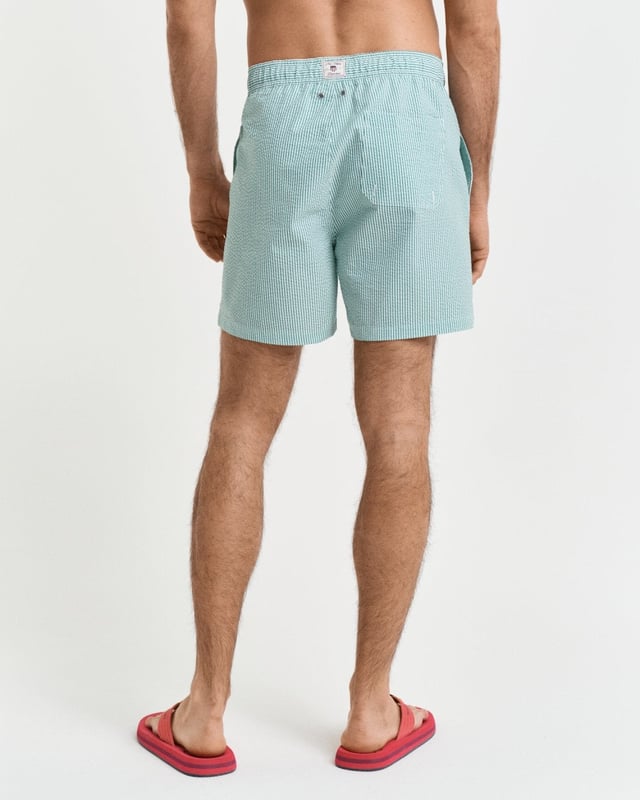  
 Crafted from 100% recycled polyester, these GANT swim shorts are essential for the summer season. Detailed with an all-over seersucker pattern and cut for a regular fit, they have a mid-thigh length and a regular waist. They feature an embroidered GANT shield on the left leg, side seam pockets, a single back pocket, and an elasticated drawstring waistband. This product is made with recycled polyester.

Regular fit
Mid-thigh length
Regular waist
GANT graphic embroidered on left leg

 85% Recycled Polyester, 15% Cotton 

922516001
 