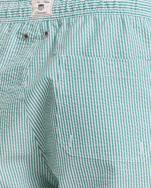  
 Crafted from 100% recycled polyester, these GANT swim shorts are essential for the summer season. Detailed with an all-over seersucker pattern and cut for a regular fit, they have a mid-thigh length and a regular waist. They feature an embroidered GANT shield on the left leg, side seam pockets, a single back pocket, and an elasticated drawstring waistband. This product is made with recycled polyester.

Regular fit
Mid-thigh length
Regular waist
GANT graphic embroidered on left leg

 85% Recycled Polyester, 15% Cotton 

922516001
 