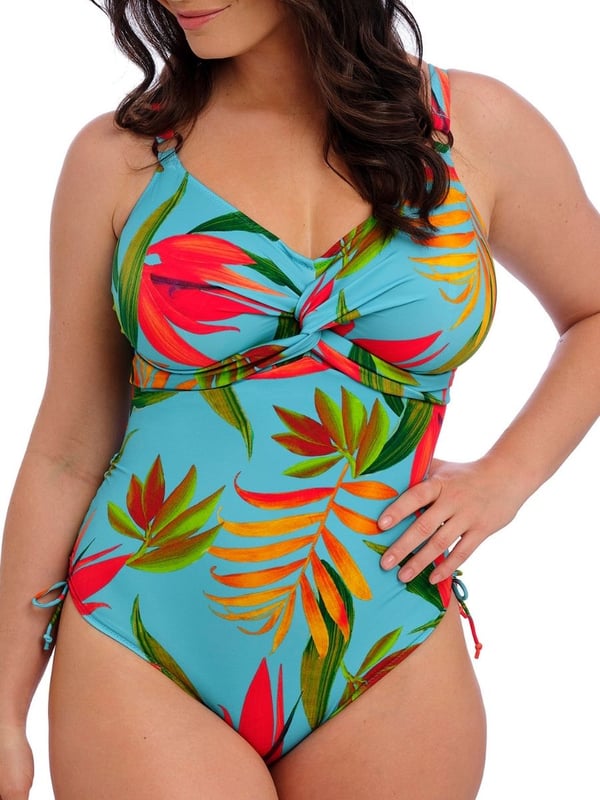 Fantasie Pichola Twist Front Swimsuit. With concealed underwire, upper back lining and adjustable tie sides. Scoop back and fixed fully adjustable straps. Product is hand wash only.