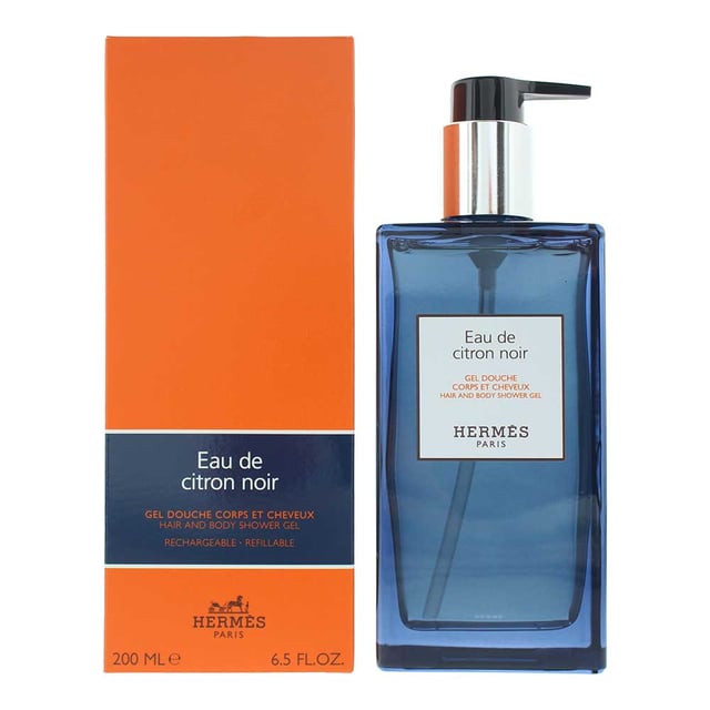 Hermes Eau De Citron Noir Hair And Body Shower Gel 200ml Hermès Eau De Citron Noir Hair and Body Shower Gel (200ml) combines refreshing citrus notes with smoky and woody undertones for a unique, invigorating shower experience. The zesty lemon and lime provide an uplifting freshness, while the distinctive citron adds a smoky depth to the fragrance. Guaiac wood gives a rich, earthy base, and the subtle hint of black tea adds sophistication and warmth. This luxurious shower gel gently cleanses both hair and body, leaving the skin feeling refreshed and subtly scented with a fresh, aromatic fragrance.