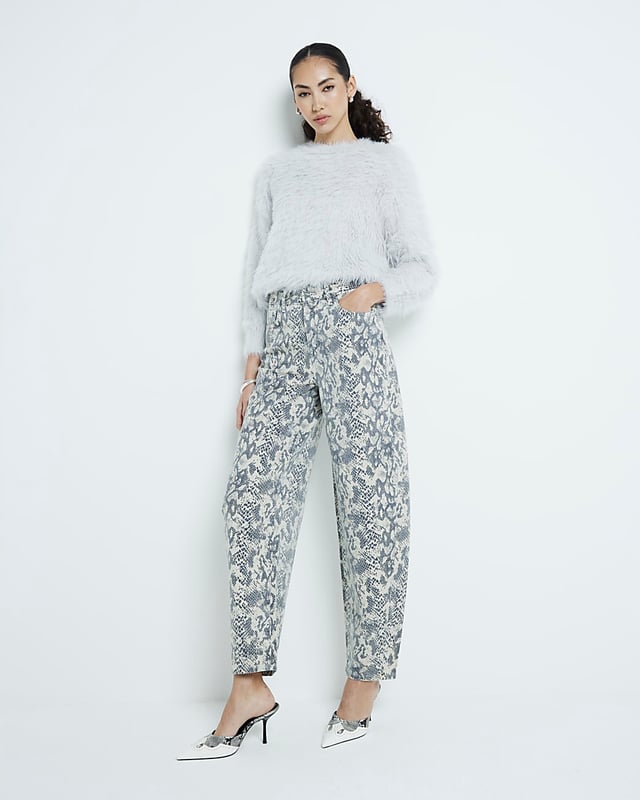 Denim fabric, Snake print, Seamed, Classic 5 pockets, Button and zip fastening, Belt loops