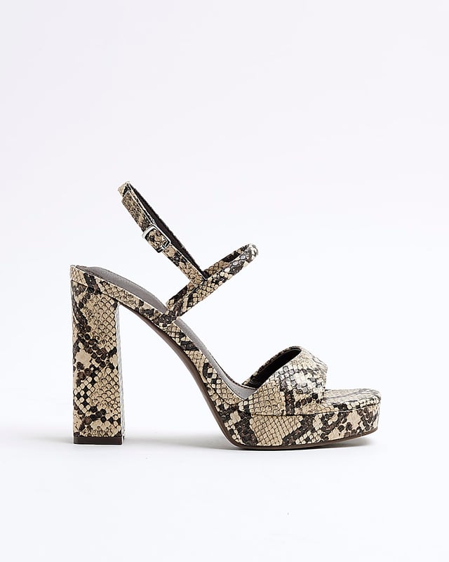 Snake print, Sling back design, Open toe, Backless, Ankle strapped, Chunk heel, Heel height: 11cm