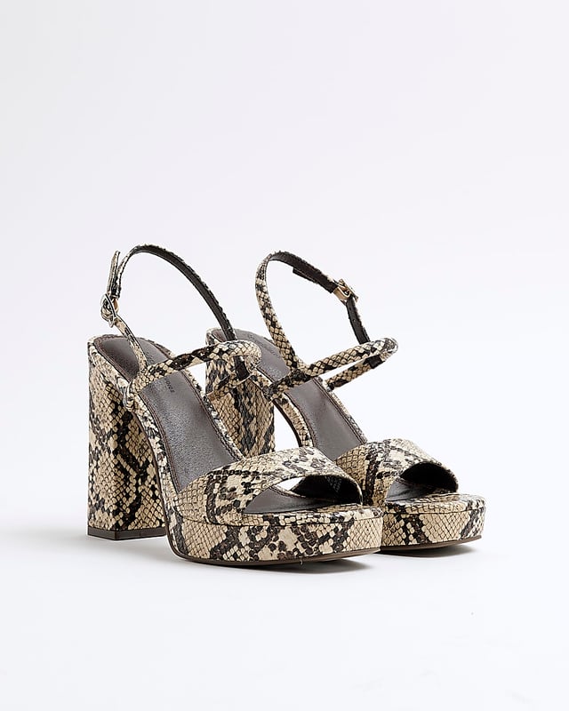 Snake print, Sling back design, Open toe, Backless, Ankle strapped, Chunk heel, Heel height: 11cm