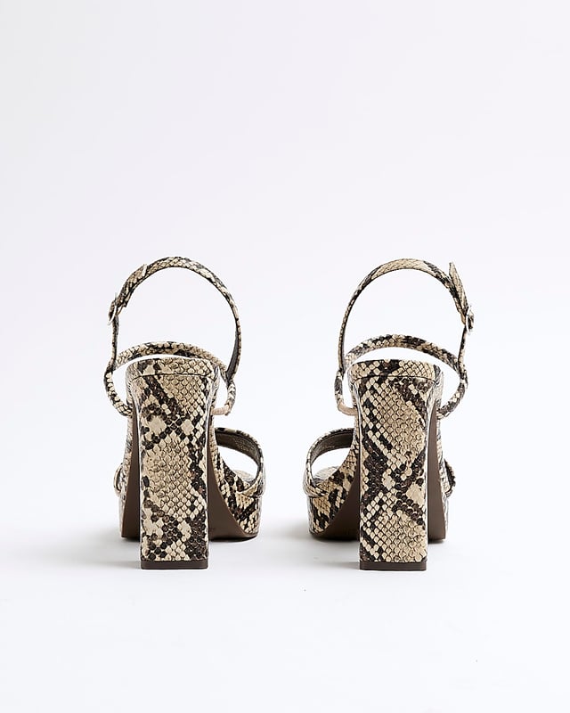 Snake print, Sling back design, Open toe, Backless, Ankle strapped, Chunk heel, Heel height: 11cm