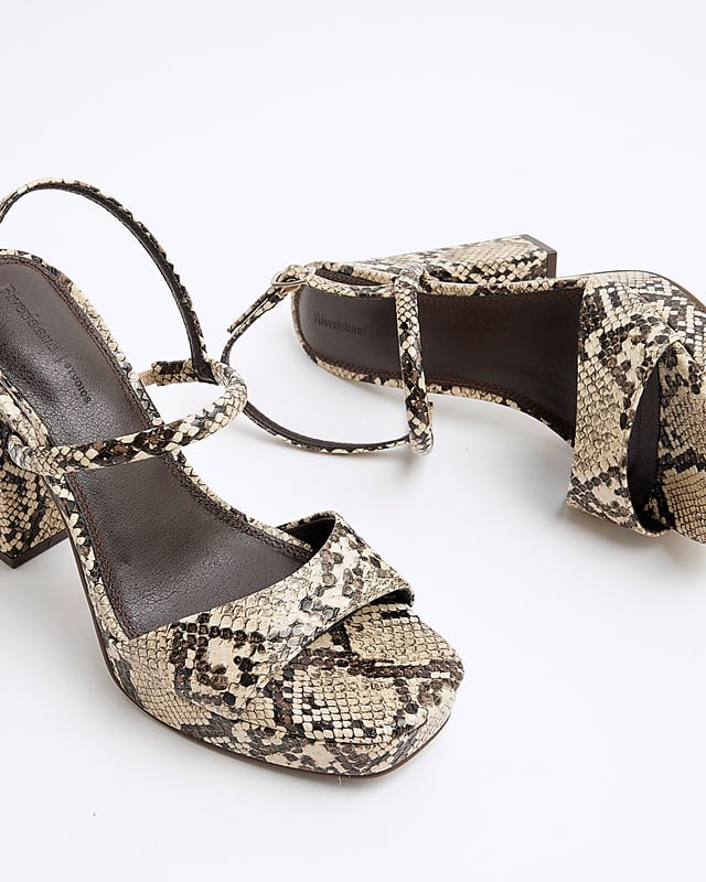Snake print, Sling back design, Open toe, Backless, Ankle strapped, Chunk heel, Heel height: 11cm
