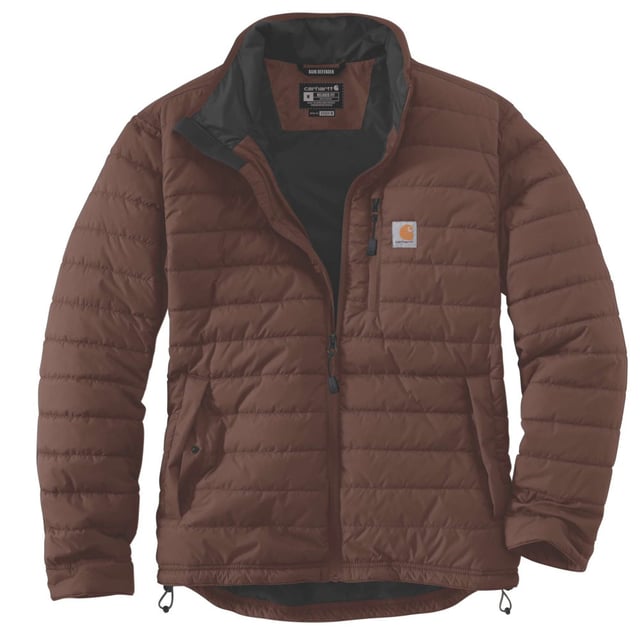 *Sizing Note* Carhartt are more generously sized, you may need to consider dropping down a size from your traditional workwear clothing.
1.75-ounce / 59 grams, 100% nylon Cordura shell. Nylon lining quilted to 100 gram polyester insulation. Mock-neck collar. Left-chest map pocket. Two lower-front pockets. Two inside pockets; one with zipper closure and one with hook-and-loop closure. Lower pockets have hidden snap closure. Hook-and-loop adjustable cuffs. Drawcord adjustable hem. Triple-stitched main seams. Drop tail.