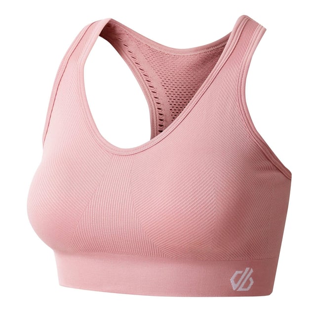 50% Recycled Polyamide, 45% Polyamide, 5% Elastane. Design: Logo, Plain. Fabric Technology: Breathable, Moisture Wicking, Odour Control, Q-Wic Plus, Quick Dry, SeamSmart Technology. Laser Cut, Medium Support, Removable Padded Cups, Seamless. Back Style: Racerback. Fit: Form-Fit. XS: 30 in. S: 32 in. M: 36 in. L: 38 in. XL: 40 in.