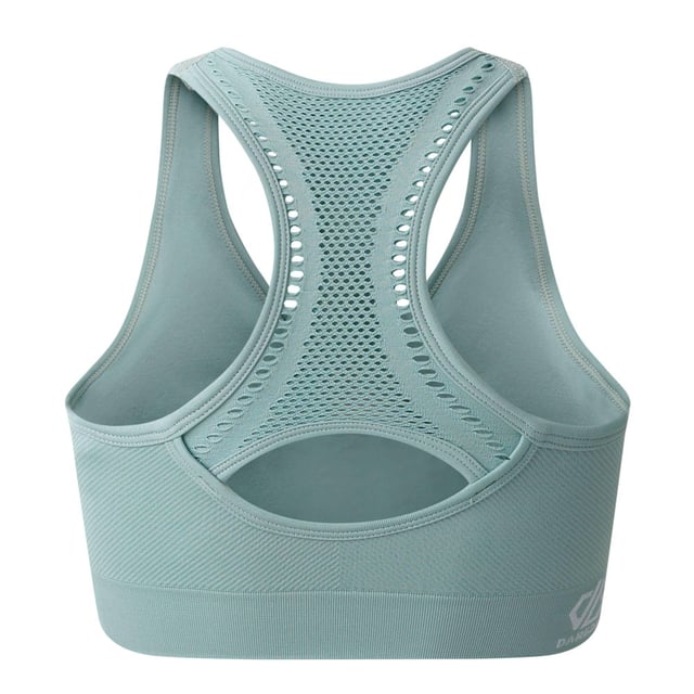 50% Recycled Polyamide, 45% Polyamide, 5% Elastane. Design: Logo, Plain. Fabric Technology: Breathable, Moisture Wicking, Odour Control, Q-Wic Plus, Quick Dry, SeamSmart Technology. Laser Cut, Medium Support, Removable Padded Cups, Seamless. Back Style: Racerback. Fit: Form-Fit. XS: 30 in. S: 32 in. M: 36 in. L: 38 in. XL: 40 in.
