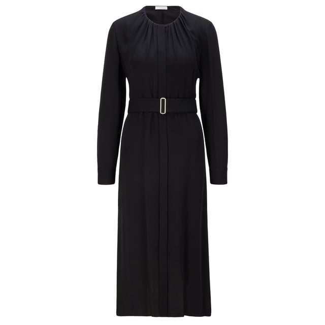 shirt dress with gathered neckline - feminine daywear shape - lined - 100% viscose - dry clean