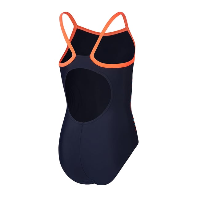 Feel confident wearing our cobalt blue Thinstrap Muscleback  featuring a plastisol print drop-ripple graphic in vibrant blue and pink. A favourite amongst young swimmers  the thin straps allow greater flexibility during their swim while the muscleback design allows a full range of motion in lessons and training. Ideal for regular pool sessions  our EnduraFlex fabric offers higher chlorine resistance than standard swimwear fabrics and fits like new for longer with CREORA® HighClo™. In addition  nylon yarns in the EnduraFlex fabric are made from 100% pre-consumer waste  such as waste fabric from factories.
