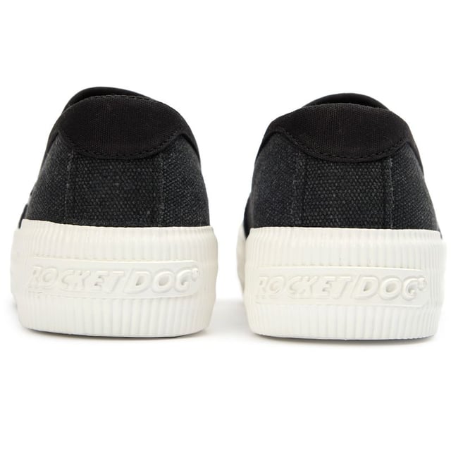Zapatillas Rocket Dog negras para mujer, con un alegre diseño de huerto, confeccionadas en algodón y suela de goma. Incluyen plantilla acolchada, logo Rocket Dog y suela de goma.