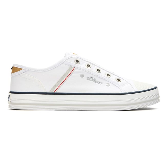 Womens white S Oliver canvas slip-on trainers, manufactured with cotton and a rubber sole. Featuring: engraved ring branding, concealed gussets, slip-on and soft foam insole.
