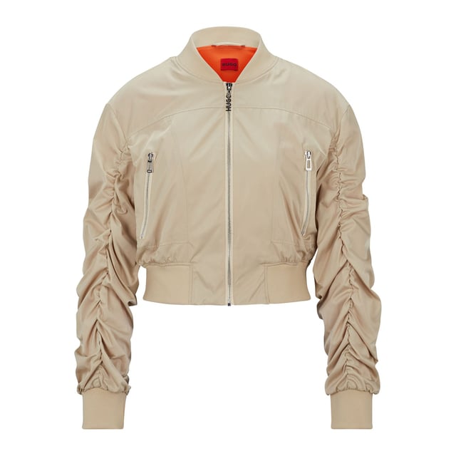 bomber jacket - cropped - round shoulder - zip closure - zip pockets - rib crew neck and rib cuffs - rushing on sleeves - contrast lining - satin - HUGO rivet detail - main material: 100% polyester - lining: 100% polyester - rib: 98% polyester  2% elastane - machine washable.