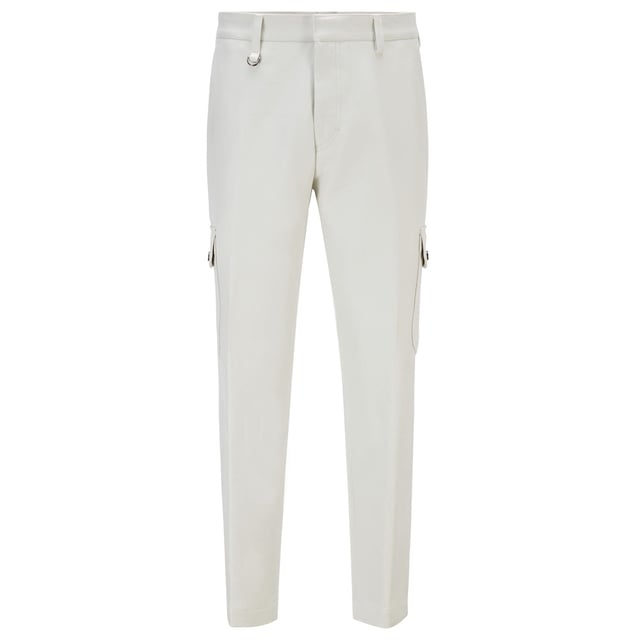 Zip and hook eye fastening.Belt loops.Cargo pockets.Slim fit.