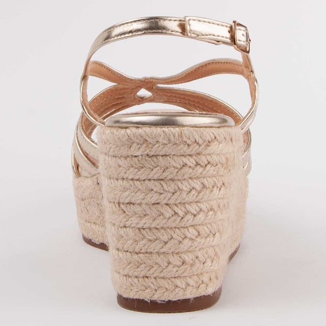 Sandalia de cuña de esparto para mujer. Plantilla de piel 100% natural. Calce cómodo. Fabricado por otras marcas para nuestra marca. Medidas aproximadas: 8 cm de cuña y 3 cm de plataforma.