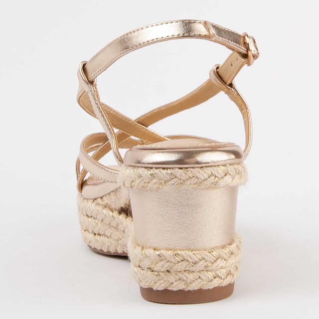 Sandalia de cuña de esparto para mujer. Plantilla de piel 100% natural. Calce cómodo. Fabricado por otras marcas para nuestra marca. Medidas aproximadas: 7 cm de cuña y 3 cm de plataforma.