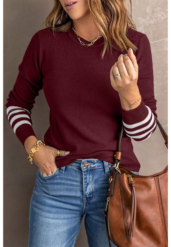 Soft plain knit pullover with general stretch
  Crew neck design
  Striped sleeves with ribbed cuffs
  Simple but fashionable design
  Suitable for various occasions like office party and date
Material: 50% Viscose 28% Polyester 22% Polyamide