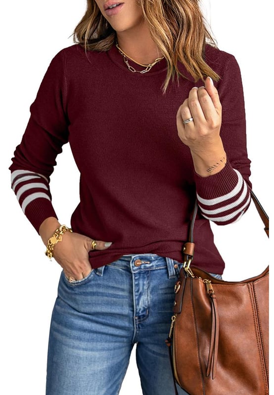 Soft plain knit pullover with general stretch
  Crew neck design
  Striped sleeves with ribbed cuffs
  Simple but fashionable design
  Suitable for various occasions like office party and date
Material: 50% Viscose 28% Polyester 22% Polyamide
