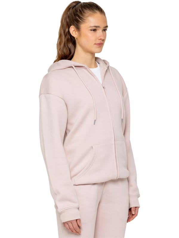 The Enzo Women's Zipped Hoodie boasts an oversized fit with a convenient zip-up design and adjustable drawstring hoodie. The cuffed wrists and brushed back inner fleece ensure maximum comfort, making it the perfect choice for casual wea
