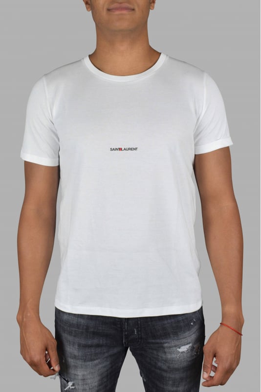 Camiseta Rive Gauche Saint Laurent blanca.Logotipo Saint Laurent negro en la parte delantera.Cuello redondo. 100% algodón.Made in Italy.