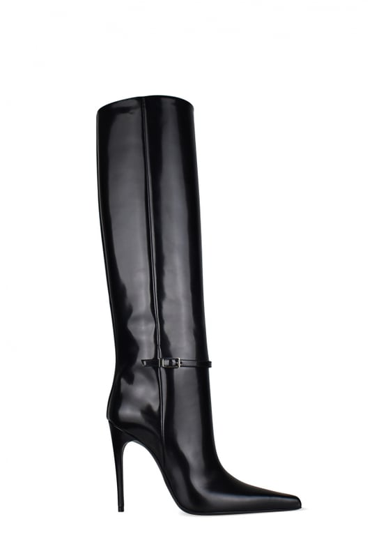 Saint Laurent  Vendome  laarzen van glanzend zwart leer.Decoratieve gesp met verzilverde metalen afwerking.Puntpuntige neus.Naaldhak van 11 cm.100% leer.Gemaakt in Italië.