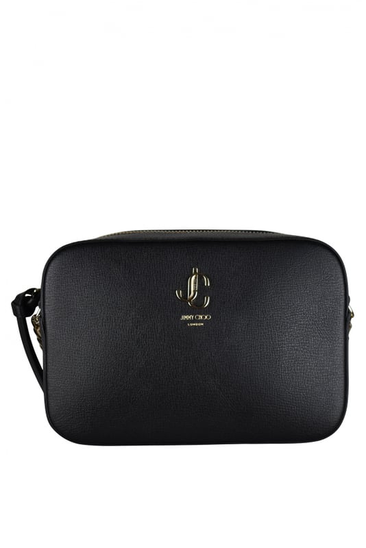 Jimmy Choo Umhängetasche aus schwarzem, genarbtem Leder.Ikonisches JC-Logo.Schulterriemen aus Kette und Leder.Verschluss mit Reißverschluss.Abmessungen 6x13x18,5.Made in Italy.