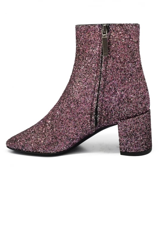 Botines Loulou 50 Saint Laurent con cremallera y lentejuelas rosas.Altura tacón 5 cm. Suela de cuero. Made in Italy.