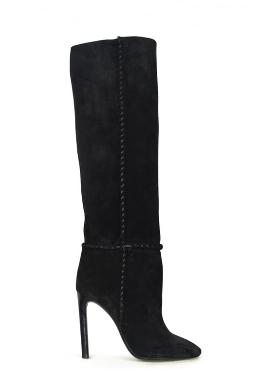 Botas Mica Saint Laurent en ante negro.Costuras trenzadas y efecto drapeado.Altura del tacón 10,5 cm.Suela de cuero.Made in Italy.
