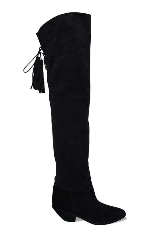Botas West 45 Saint Laurent en ante negro.Cordones con flecos detrás de la rodilla.Estilo Santiag.Tacón de madera de 4,5 cm.Suela de cuero.Made in Italy.