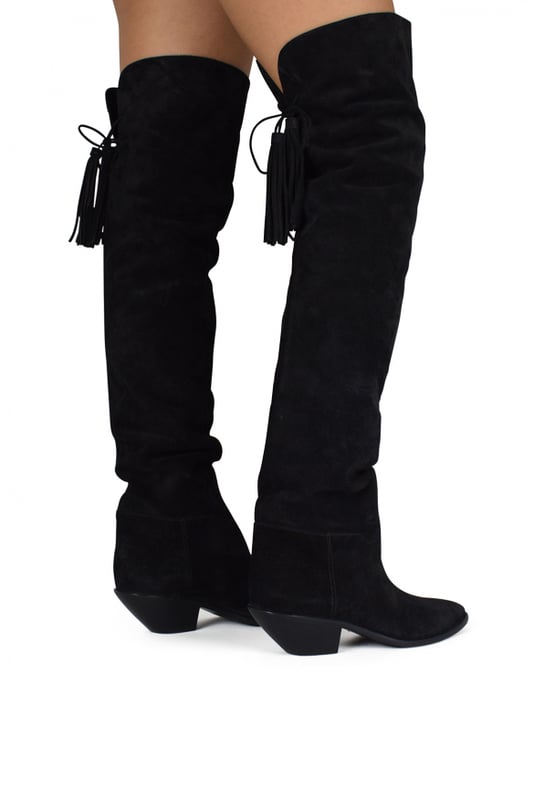 Botas West 45 Saint Laurent en ante negro.Cordones con flecos detrás de la rodilla.Estilo Santiag.Tacón de madera de 4,5 cm.Suela de cuero.Made in Italy.