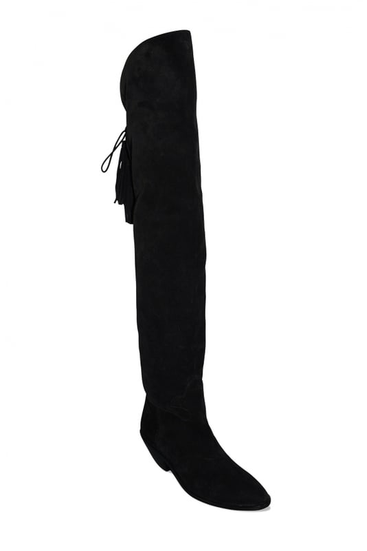 Botas West 45 Saint Laurent en ante negro.Cordones con flecos detrás de la rodilla.Estilo Santiag.Tacón de madera de 4,5 cm.Suela de cuero.Made in Italy.